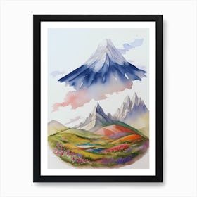 Watercolor Of Two Mountains And Flowers Art Print