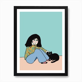 Girl And Black Cat Art Print