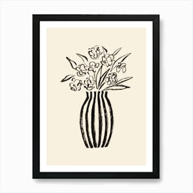 Stripes Flower Vase Floral Still Life Illustration - Black and White Art Print