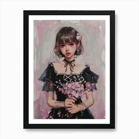 Anime Girl In Black Dress Holding Pink Flowers Art Print