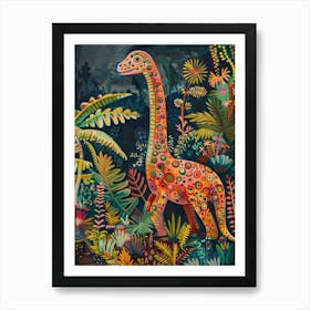 Colourful Dinosaur In The Leaves Painting 2 Art Print