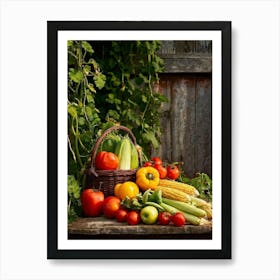 Assorted Vegetables And Fruits From A Fresh Farm Harvest Arranged In A Rustic Wicker Basket Overfl (3) Art Print