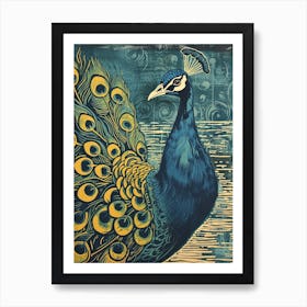Blue Mustard Peacock & The Water Linocut Inspired 1 Art Print