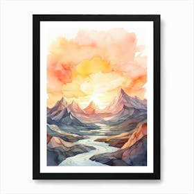 Watercolor Landscape With Mountains And River Art Print