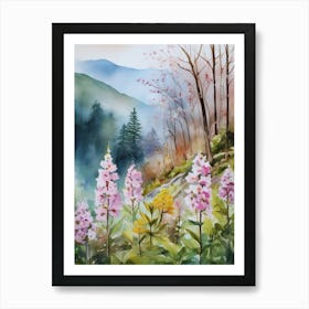 Smoky Mountains Painting, Spring Flowers, Watercolor Art, Appalachian Mountain Landscape Wall Art, Mountain Forest Print..179 Art Print