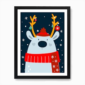 Christmas Bear with Reindeer Antlers Art Print