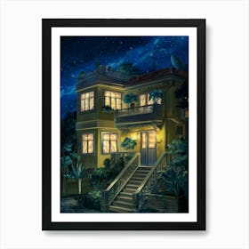 Anime Canvas Art: Cozy Yellow House at Night with Glowing Windows and Starry Sky, Perfect for Lofi Aesthetic and Tranquil Urban Decor Fans. Affiche