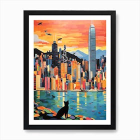 Hong Kong, China Skyline With A Cat 2 Art Print