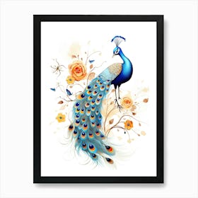 A Peacock Watercolour In Autumn Colours 3 Art Print