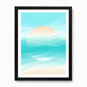 Minimal art abstract watercolor painting calm blue waves with planets Art Print
