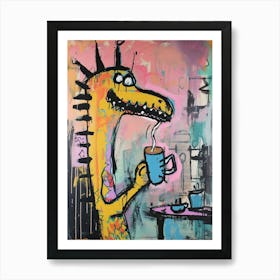 Dinosaur Drinking Coffee Pastel Pink Graffiti Brushstroke 1 Art Print