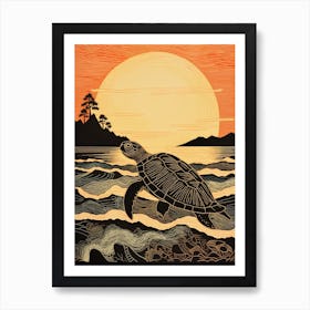 Linocut Illustration Style Of Sea Turtle And Sunset Black & Orange Art Print