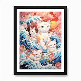 The Great Wave Off Kanagawa Cute Cats Kitsch Art Print