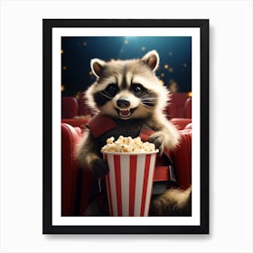 Cartoon Honduran Raccoon Eating Popcorn At The Cinema 1 Art Print