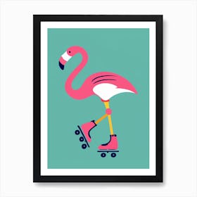 Flamingo On Roller Skates Art Print