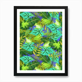 Hiding Tropical Tree Frogs in Green Foliage on Indigo Purple Art Print