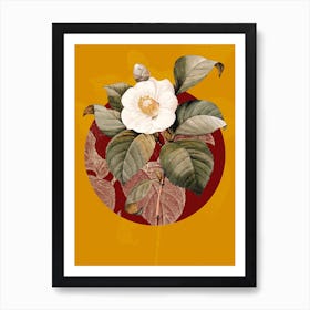 Vintage Botanical Japanese Camellia Camelia Japonica on Circle Red on Yellow n.0009 Art Print