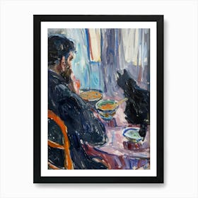 Portrait Of A Man With Cats Eating Ramen  3 Art Print