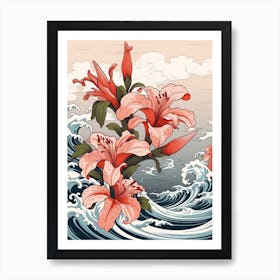 Great Wave With Lily Flower Drawing In The Style Of Ukiyo E 1 Art Print