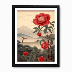 Higanatsu Red Camellia 1 Japanese Botanical Illustration Art Print