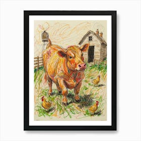 Cow And Chickens 1 Art Print