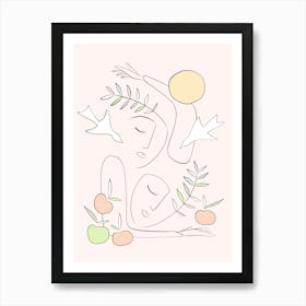 Serene Abstract Line-art Matisse Together Summer Love with Fruits and birds - pastel pink Art Print