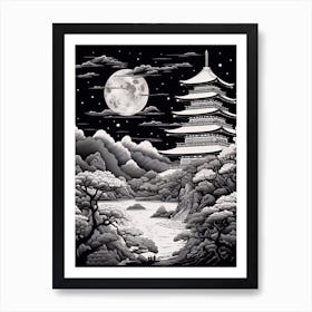 Chureito Pagoda In Yamanashi, Ukiyo E Black And White Line Art Drawing 3 Art Print