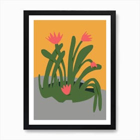 Abstract Sculpture And Pink Flowers Art Print