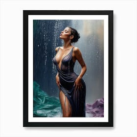 Beautiful and Alluring Brunette In A Wet Sheer Dress AI-Generated Conceptual Art of A Seductive Woman Art Print