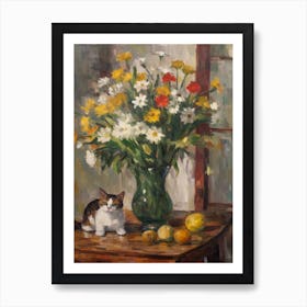 Flower Vase Daisies With A Cat 4 Impressionism, Cezanne Style Art Print