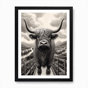 Black & White Illustration Of Highland Cow And Sheep Crossing A Bridge Art Print