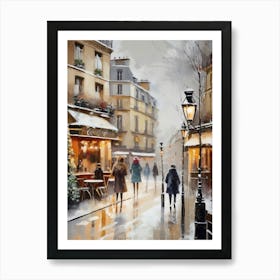 Paris cafes, winter season, Christmas, autumn oil colors, pale colors, pedestrians in the street, winter clothes, falling snow.Christmas decorations.9 1 Art Print