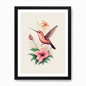 Hummingbird Surrounded By Flowers Retro Minimal Art Print