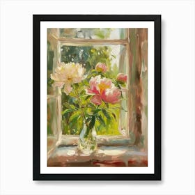 Peony Flowers On A Cottage Window 3 Art Print