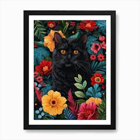 Black Cat In Flowers 10 Art Print