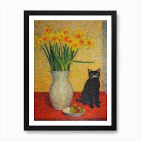 Daffodils With A Cat 3 Pointillism Style Art Print