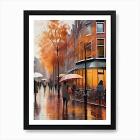 Amsterdam cafes, autumn season, rain, autumn oil colours.Faded colours,People passing on the street, winter clothes, rain umbrellas.12 Poster