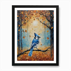 Cottagecore Blue Jay in Autumn Forest - Acrylic Paint Little Fall Bird Art with Falling Leaves at Night on a Sunlight Day, Perfect for Witchcore Cottage Core Pagan Tarot Celestial Zodiac Gallery Feature Wall Beautiful Woodland Creatures Series HD Art Print