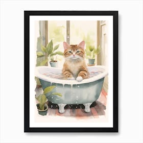 Manx Cat In Bathtub Botanical Bathroom 3 Art Print