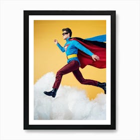 1980s Style Superhero Clad In Vintage Pilot Attire Soaring Above Cloud Banks Cotton White Cumulo (5) Art Print