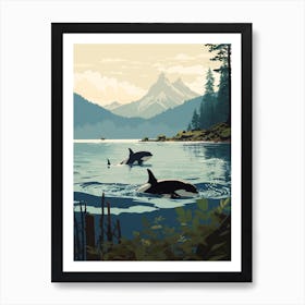 Two Orca Whales Swimming With Mountain In Distance Teal Art Print