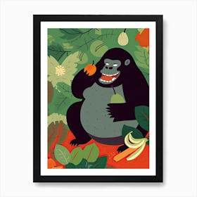 Gorilla Art Eating Fruits Cartoon Illustration 4 Art Print