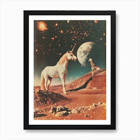 Unicorn & Giraffe In Space Retro Collage Art Print
