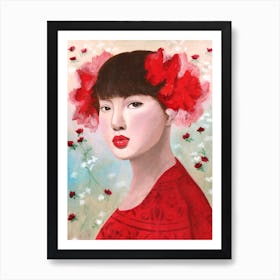 Chinese Woman With Red Flowers Art Print