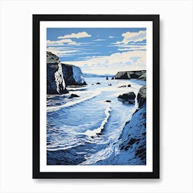 Linocut Of Barafundle Bay Beach Pembrokeshire Wales 3 Art Print