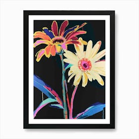 Neon Flowers On Black Gerbera Daisy 2 Art Print