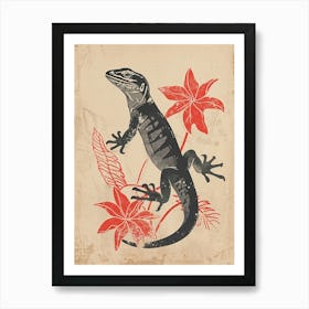 Lizard And Leaves Black Red Block Print Art Print