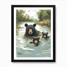 American Black Bear Family Swimming In A River Storybook Illustration 4 Art Print