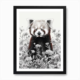 Red Panda Cub In A Field Of Flowers Ink Illustration 2 Art Print