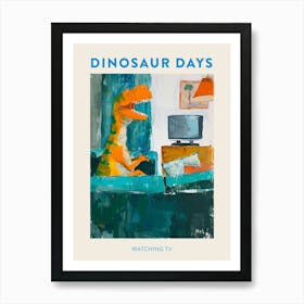 Dinosaur Watching Tv Blue Mustard Poster 1 Art Print